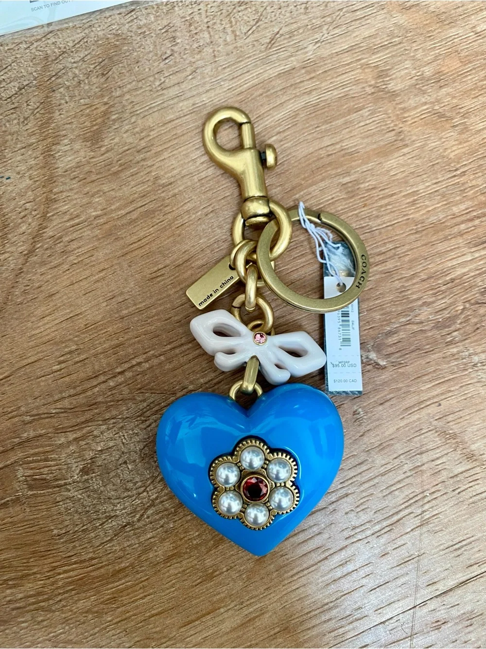 NWT Coach Resin Heart CBH12 Heart Bag Charm Keychain Brass/Blue